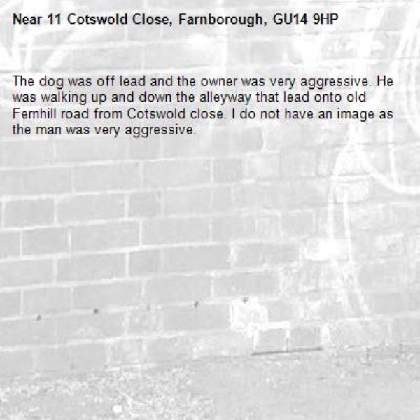 The dog was off lead and the owner was very aggressive. He was walking up and down the alleyway that lead onto old Fernhill road from Cotswold close. I do not have an image as the man was very aggressive. -11 Cotswold Close, Farnborough, GU14 9HP