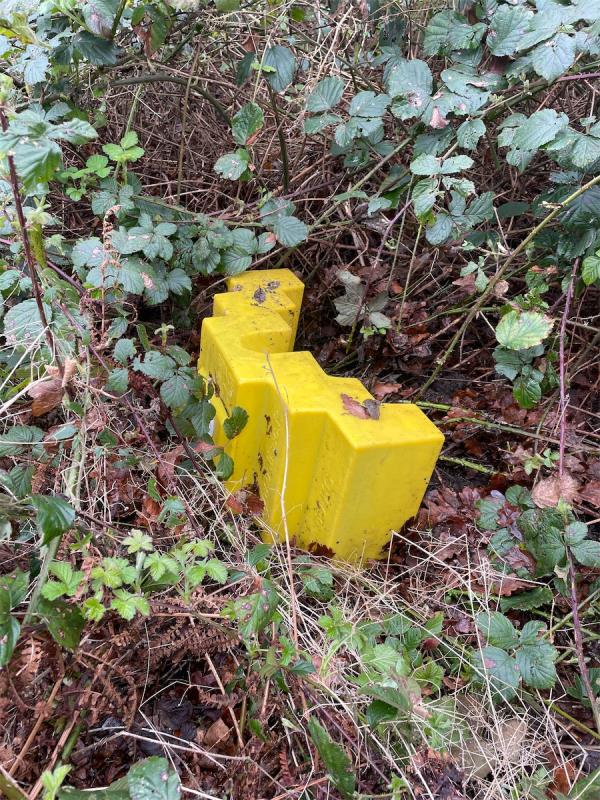 Esso left abandoned Heras post block . Too heavy for me to lift as filled with sand. Discarded in blackberry bushes at junction of pathways on corner of the Cove Cricket club -Playing Field