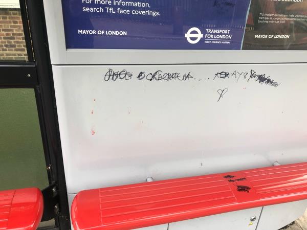 Remove graffiti from bus shelter outside 77-87-77 Castillon Road, London, SE6 1QD