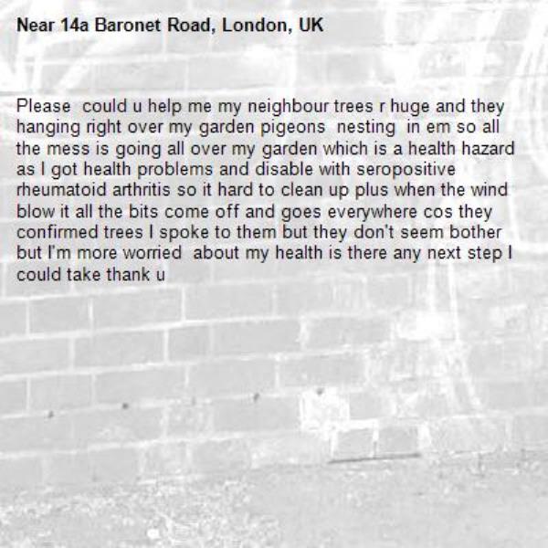 Please  could u help me my neighbour trees r huge and they hanging right over my garden pigeons  nesting  in em so all the mess is going all over my garden which is a health hazard as I got health problems and disable with seropositive rheumatoid arthritis so it hard to clean up plus when the wind blow it all the bits come off and goes everywhere cos they confirmed trees I spoke to them but they don't seem bother but I'm more worried  about my health is there any next step I could take thank u-14a Baronet Road, London, UK