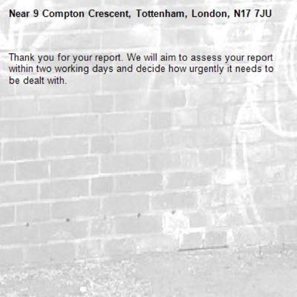 Thank you for your report. We will aim to assess your report within two working days and decide how urgently it needs to be dealt with.-9 Compton Crescent, Tottenham, London, N17 7JU