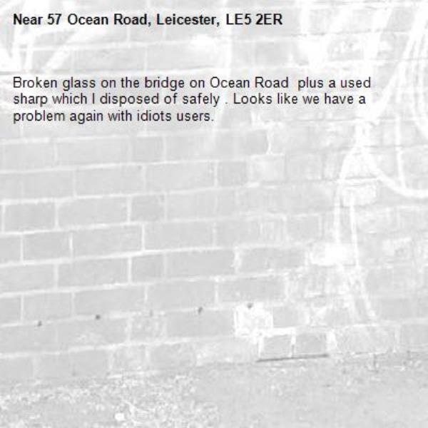 Broken glass on the bridge on Ocean Road  plus a used sharp which I disposed of safely . Looks like we have a problem again with idiots users. -57 Ocean Road, Leicester, LE5 2ER