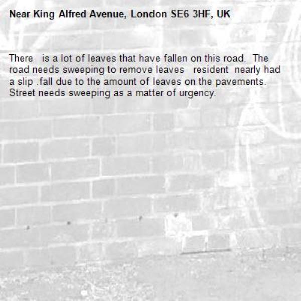 There   is a lot of leaves that have fallen on this road.  The road needs sweeping to remove leaves   resident  nearly had a slip .fall due to the amount of leaves on the pavements.
Street needs sweeping as a matter of urgency.-King Alfred Avenue, London SE6 3HF, UK