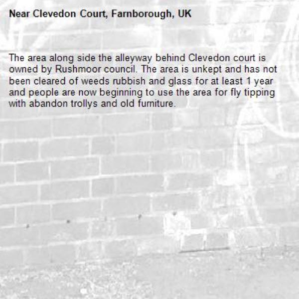 The area along side the alleyway behind Clevedon court is owned by Rushmoor council. The area is unkept and has not been cleared of weeds rubbish and glass for at least 1 year and people are now beginning to use the area for fly tipping with abandon trollys and old furniture. -Clevedon Court, Farnborough, UK