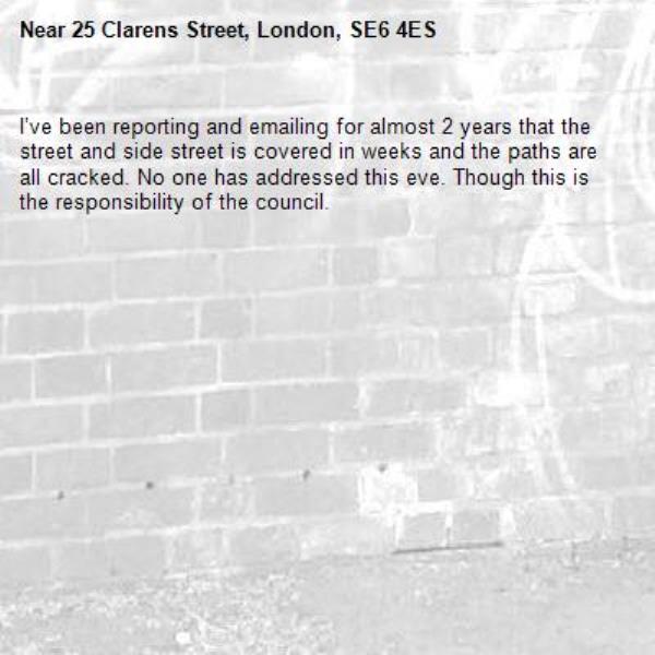 I’ve been reporting and emailing for almost 2 years that the street and side street is covered in weeks and the paths are all cracked. No one has addressed this eve. Though this is the responsibility of the council. -25 Clarens Street, London, SE6 4ES
