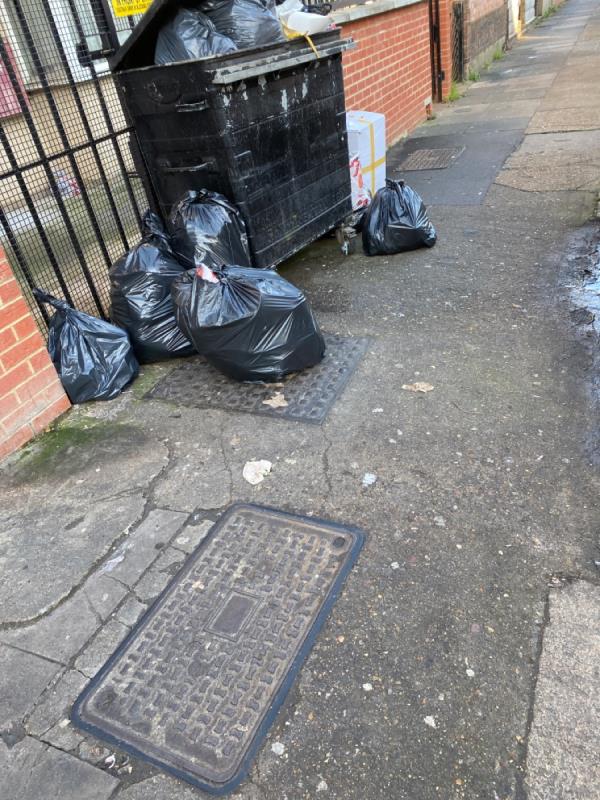This bin belongs to the nearby restaurant, it is left on the footpath then others dump their rubbish around it, can someone help since it is illegal to obstruct the path, should I contact the police.-2a Sibley Grove, East Ham, E12 6SE