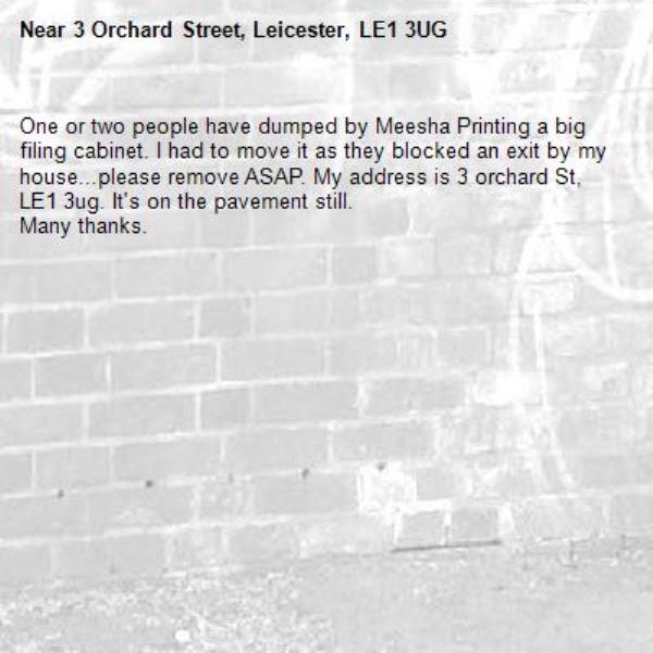 One or two people have dumped by Meesha Printing a big filing cabinet. I had to move it as they blocked an exit by my house...please remove ASAP. My address is 3 orchard St, LE1 3ug. It's on the pavement still.
Many thanks.-3 Orchard Street, Leicester, LE1 3UG