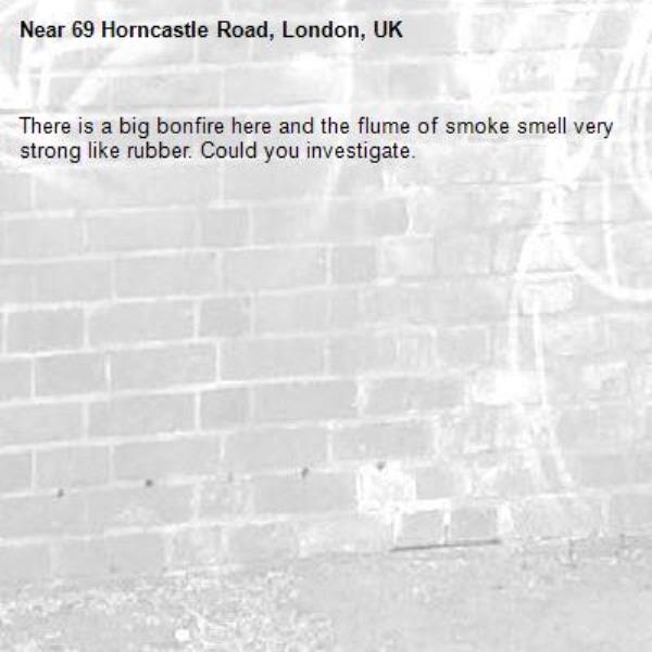 There is a big bonfire here and the flume of smoke smell very strong like rubber. Could you investigate.-69 Horncastle Road, London, UK