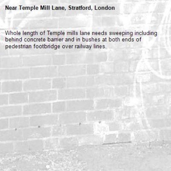 Whole length of Temple mills lane needs sweeping including behind concrete barrier and in bushes at both ends of pedestrian footbridge over railway lines.-Temple Mill Lane, Stratford, London