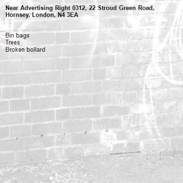 Bin bags 
Trees 
Broken bollard -Advertising Right 0312, 22 Stroud Green Road, Hornsey, London, N4 3EA