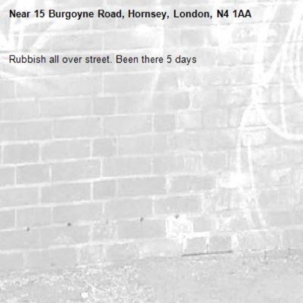 Rubbish all over street. Been there 5 days-15 Burgoyne Road, Hornsey, London, N4 1AA