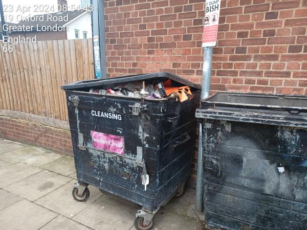 On the corner of the big playground 5 -35 Oxford Road,  next to the big playground   broken full bin needs removing ASAP,  bin men won't touch it , refuse to empty it ...needs to be taken away. -19 Oxford Road, Stratford, London, E15 1DD