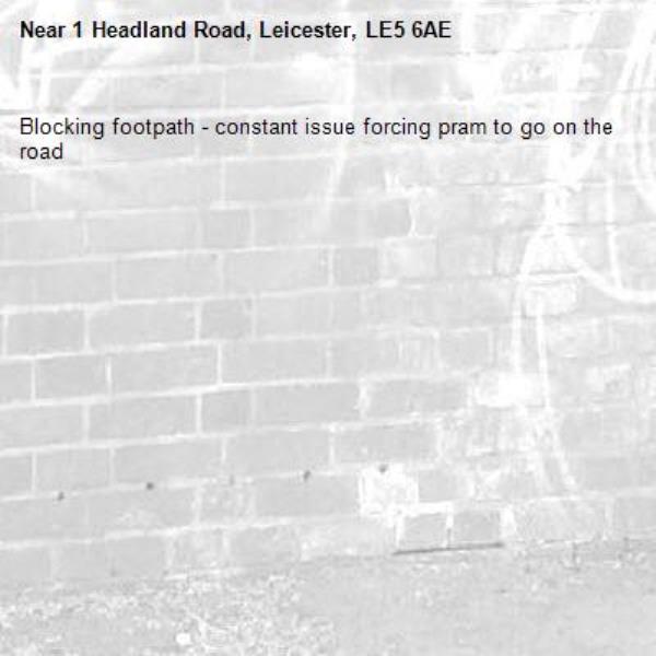 Blocking footpath - constant issue forcing pram to go on the road -1 Headland Road, Leicester, LE5 6AE