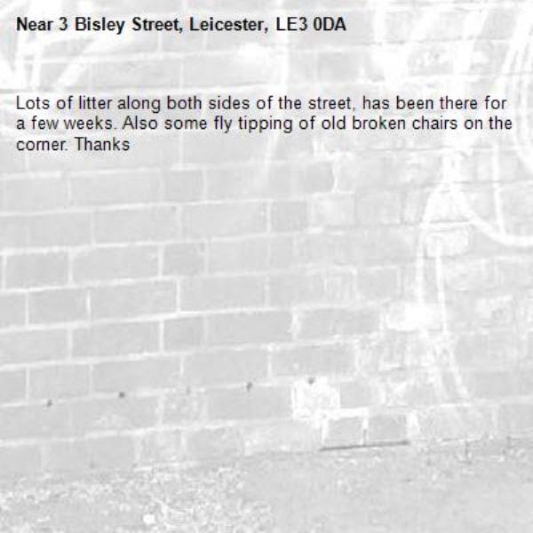 Lots of litter along both sides of the street, has been there for a few weeks. Also some fly tipping of old broken chairs on the corner. Thanks -3 Bisley Street, Leicester, LE3 0DA