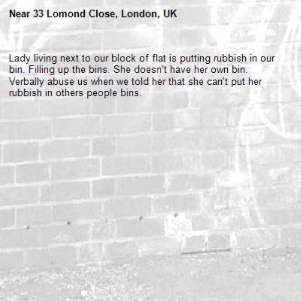 Lady living next to our block of flat is putting rubbish in our bin. Filling up the bins. She doesn&#39;t have her own bin. Verbally abuse us when we told her that she can&#39;t put her rubbish in others people bins.-33 Lomond Close, London, UK