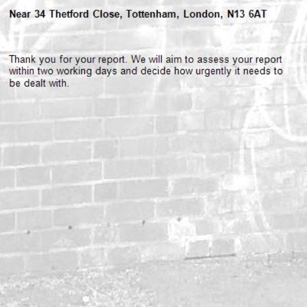 Thank you for your report. We will aim to assess your report within two working days and decide how urgently it needs to be dealt with.-34 Thetford Close, Tottenham, London, N13 6AT