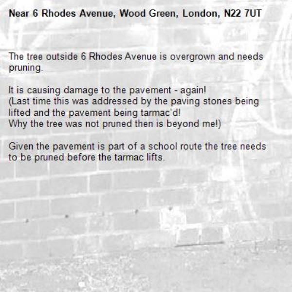 The tree outside 6 Rhodes Avenue is overgrown and needs pruning.

It is causing damage to the pavement - again!
(Last time this was addressed by the paving stones being lifted and the pavement being tarmac’d! 
Why the tree was not pruned then is beyond me!)

Given the pavement is part of a school route the tree needs to be pruned before the tarmac lifts.-6 Rhodes Avenue, Wood Green, London, N22 7UT