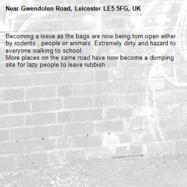 Becoming a issue as the bags are now being torn open either by rodents , people or animals. Extremely dirty and hazard to everyone walking to school. 
More places on the same road have now become a dumping site for lazy people to leave rubbish . -Gwendolen Road, Leicester LE5 5FG, UK