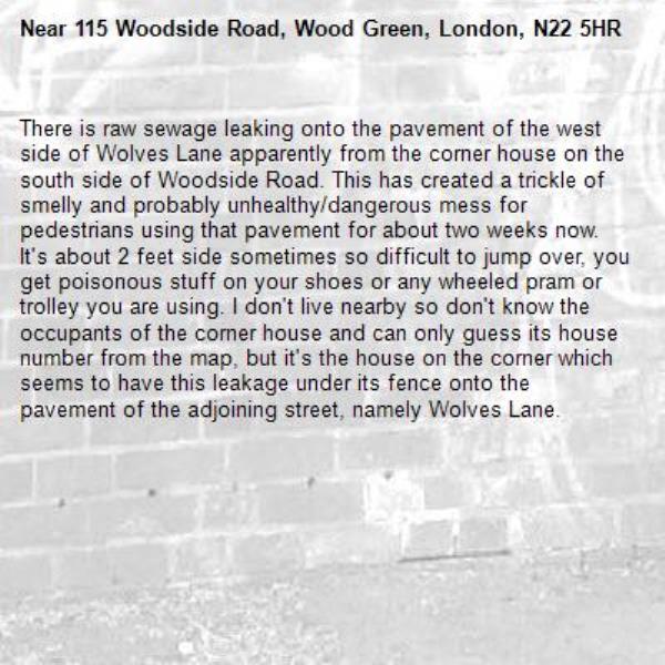 There is raw sewage leaking onto the pavement of the west side of Wolves Lane apparently from the corner house on the south side of Woodside Road. This has created a trickle of smelly and probably unhealthy/dangerous mess for pedestrians using that pavement for about two weeks now. It&#39;s about 2 feet side sometimes so difficult to jump over, you get poisonous stuff on your shoes or any wheeled pram or trolley you are using. I don&#39;t live nearby so don&#39;t know the occupants of the corner house and can only guess its house number from the map, but it&#39;s the house on the corner which seems to have this leakage under its fence onto the pavement of the adjoining street, namely Wolves Lane.-115 Woodside Road, Wood Green, London, N22 5HR