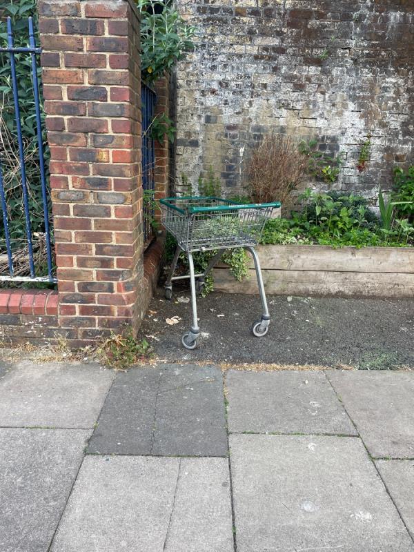 Dumped shopping trolley under railway bridge and bag of rubbish behind electricity box-Railway Arches 381 To 383 Strode Road, London, E7 0DU