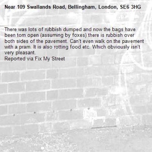 There was lots of rubbish dumped and now the bags have been torn open (assuming by foxes) there is rubbish over both sides of the pavement. Can't even walk on the pavement with a pram. It is also rotting food etc. Which obviously isn't very pleasant.
Reported via Fix My Street-109 Swallands Road, Bellingham, London, SE6 3HG