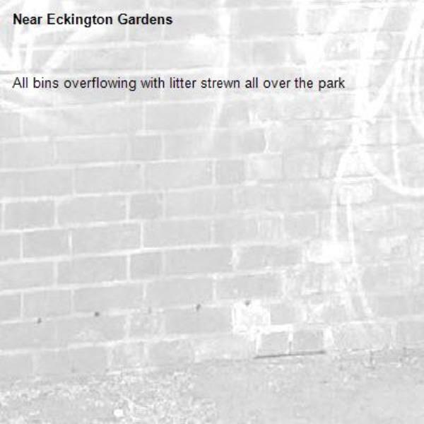 All bins overflowing with litter strewn all over the park -Eckington Gardens