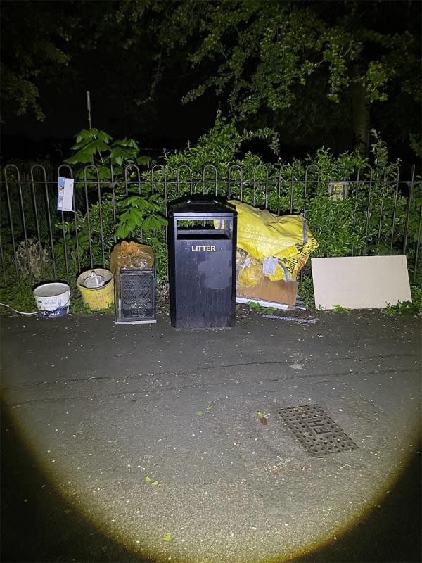 Household waste tipped on Carter street / Martin street cross roads.  
Also on Martin street green space next to bins. 
Two shopping trolleys also left on green space -Martin Inn, 98 Martin Street, Leicester, LE4 6EU