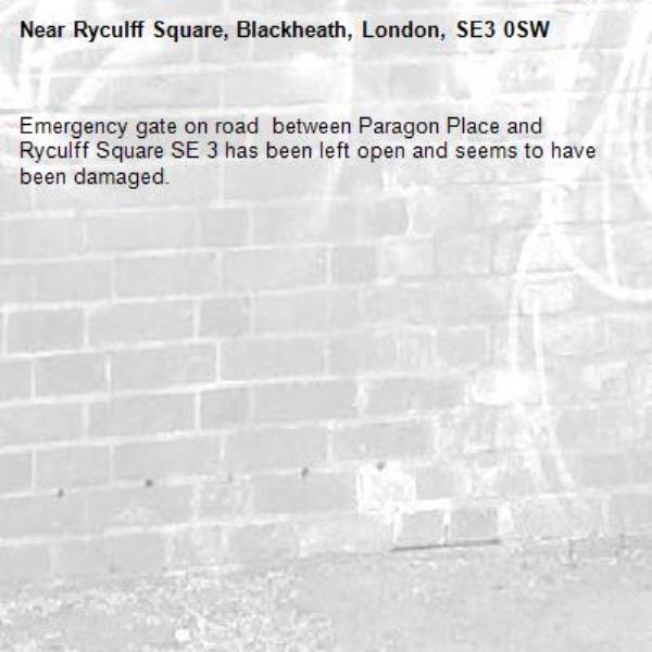 Emergency gate on road  between Paragon Place and Ryculff Square SE 3 has been left open and seems to have been damaged.-Ryculff Square, Blackheath, London, SE3 0SW