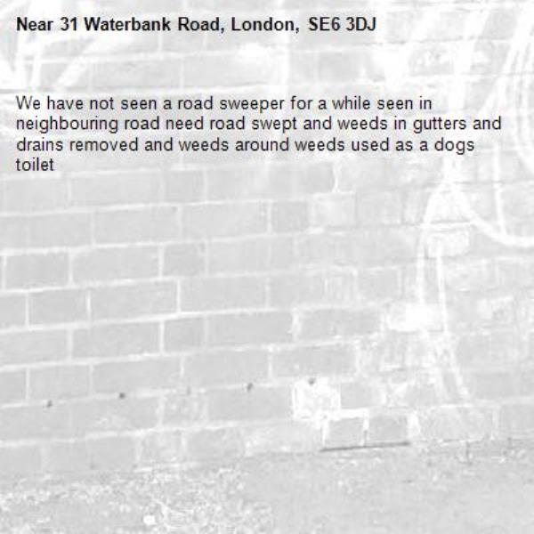 We have not seen a road sweeper for a while seen in neighbouring road need road swept and weeds in gutters and drains removed and weeds around weeds used as a dogs toilet-31 Waterbank Road, London, SE6 3DJ