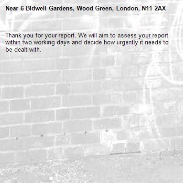 Thank you for your report. We will aim to assess your report within two working days and decide how urgently it needs to be dealt with.-6 Bidwell Gardens, Wood Green, London, N11 2AX