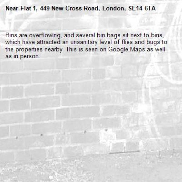 Bins are overflowing, and several bin bags sit next to bins, which have attracted an unsanitary level of flies and bugs to the properties nearby. This is seen on Google Maps as well as in person.-Flat 1, 449 New Cross Road, London, SE14 6TA