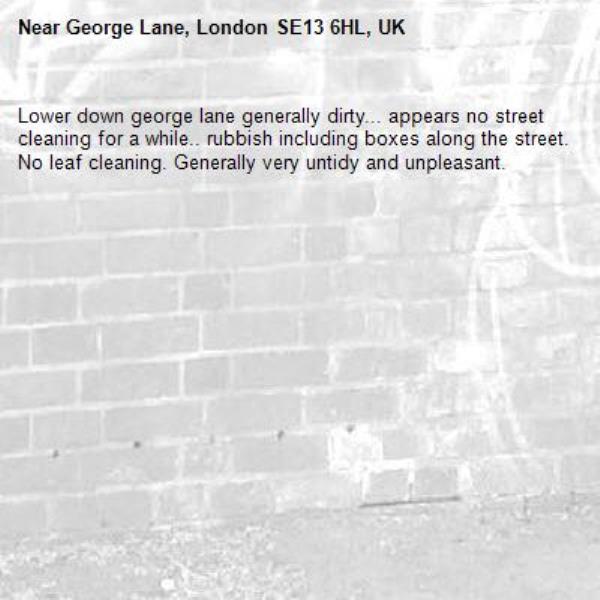 Lower down george lane generally dirty... appears no street cleaning for a while.. rubbish including boxes along the street. No leaf cleaning. Generally very untidy and unpleasant. -George Lane, London SE13 6HL, UK