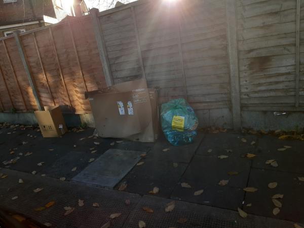 Cardboard boxes and a bag of wastes dumped opposite 79 Denmark Street E13 -123 New Barn St, London E13 8JT, UK
