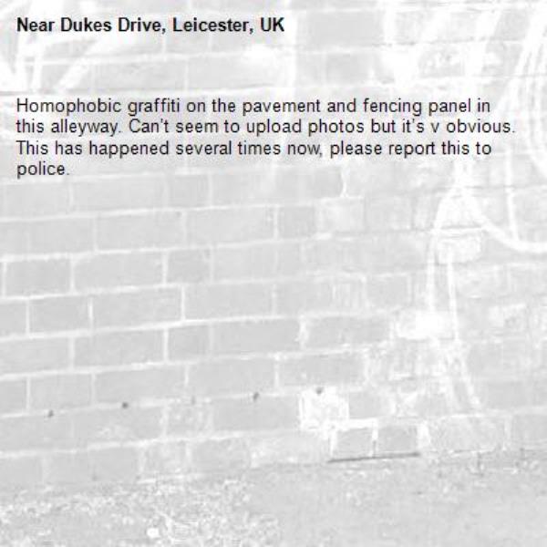 Homophobic graffiti on the pavement and fencing panel in this alleyway. Can’t seem to upload photos but it’s v obvious. This has happened several times now, please report this to police.-Dukes Drive, Leicester, UK