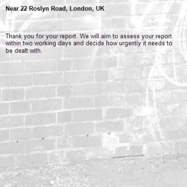 Thank you for your report. We will aim to assess your report within two working days and decide how urgently it needs to be dealt with.-22 Roslyn Road, London, UK