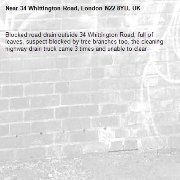Blocked road drain outside 34 Whittington Road, full of leaves, suspect blocked by tree branches too, the cleaning highway drain truck came 3 times and unable to clear-34 Whittington Road, London N22 8YD, UK