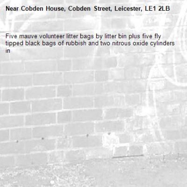 Five mauve volunteer litter bags by litter bin plus five fly tipped black bags of rubbish and two nitrous oxide cylinders in-Cobden House, Cobden Street, Leicester, LE1 2LB