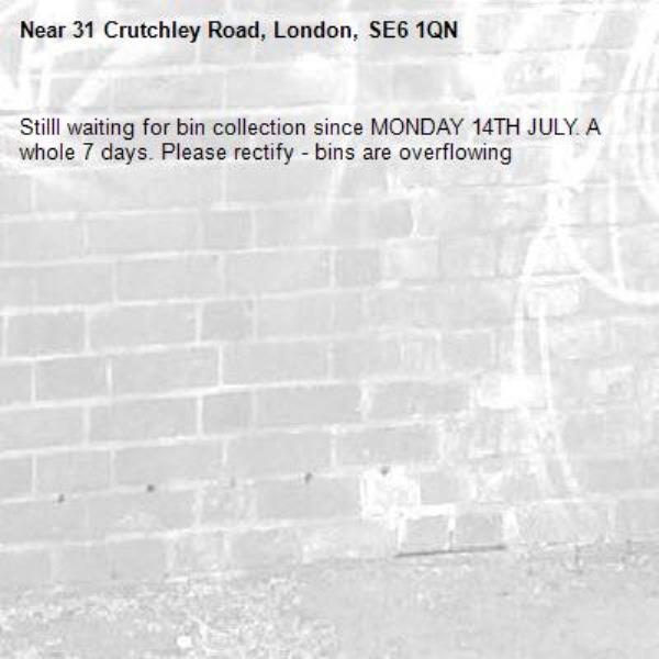 Stilll waiting for bin collection since MONDAY 14TH JULY. A whole 7 days. Please rectify - bins are overflowing-31 Crutchley Road, London, SE6 1QN