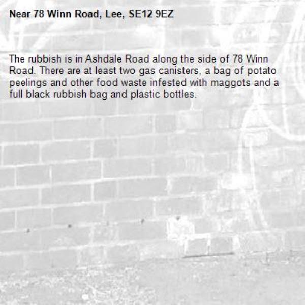The rubbish is in Ashdale Road along the side of 78 Winn Road. There are at least two gas canisters, a bag of potato peelings and other food waste infested with maggots and a full black rubbish bag and plastic bottles.-78 Winn Road, Lee, SE12 9EZ