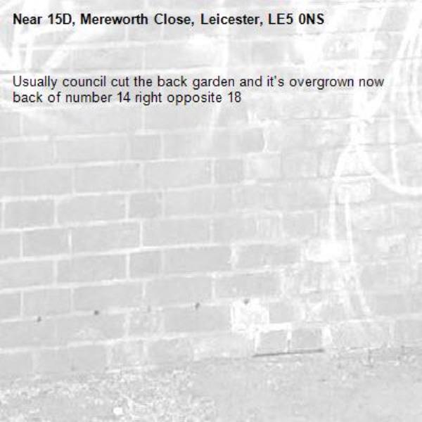 Usually council cut the back garden and it's overgrown now back of number 14 right opposite 18 -15D, Mereworth Close, Leicester, LE5 0NS