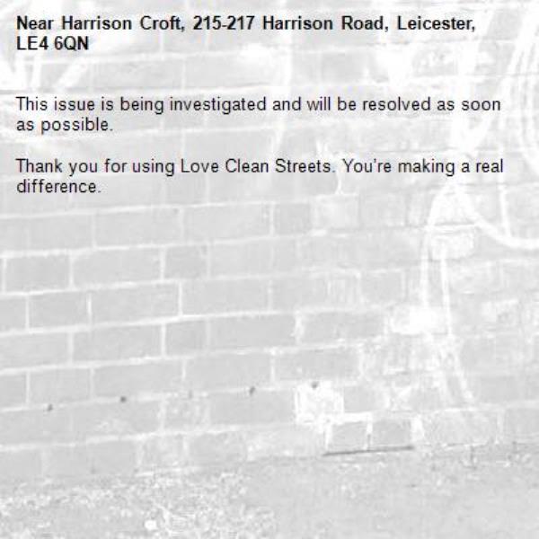 This issue is being investigated and will be resolved as soon as possible.

Thank you for using Love Clean Streets. You’re making a real difference.
-Harrison Croft, 215-217 Harrison Road, Leicester, LE4 6QN