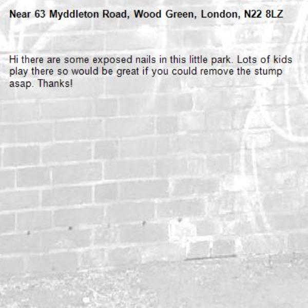 Hi there are some exposed nails in this little park. Lots of kids play there so would be great if you could remove the stump asap. Thanks!-63 Myddleton Road, Wood Green, London, N22 8LZ