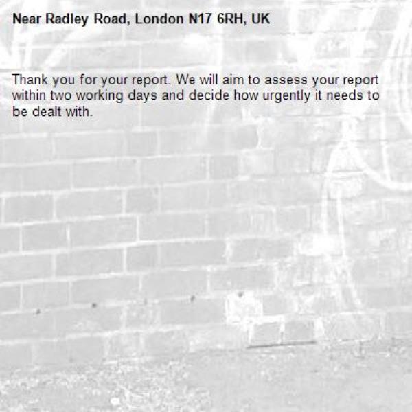 Thank you for your report. We will aim to assess your report within two working days and decide how urgently it needs to be dealt with.-Radley Road, London N17 6RH, UK