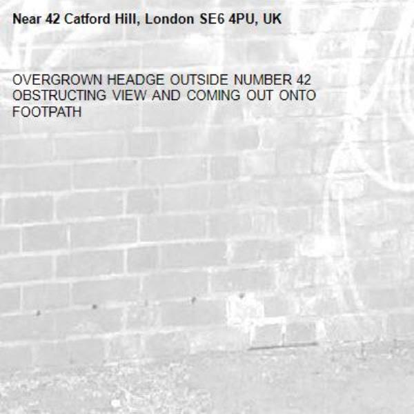 OVERGROWN HEADGE OUTSIDE NUMBER 42 OBSTRUCTING VIEW AND COMING OUT ONTO FOOTPATH-42 Catford Hill, London SE6 4PU, UK