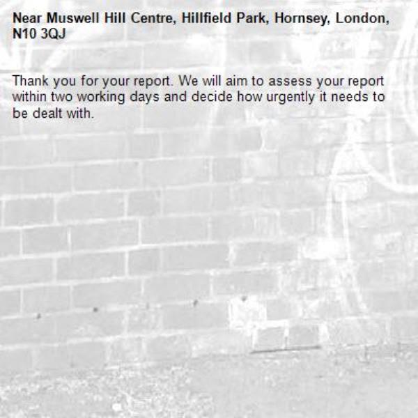 Thank you for your report. We will aim to assess your report within two working days and decide how urgently it needs to be dealt with.-Muswell Hill Centre, Hillfield Park, Hornsey, London, N10 3QJ