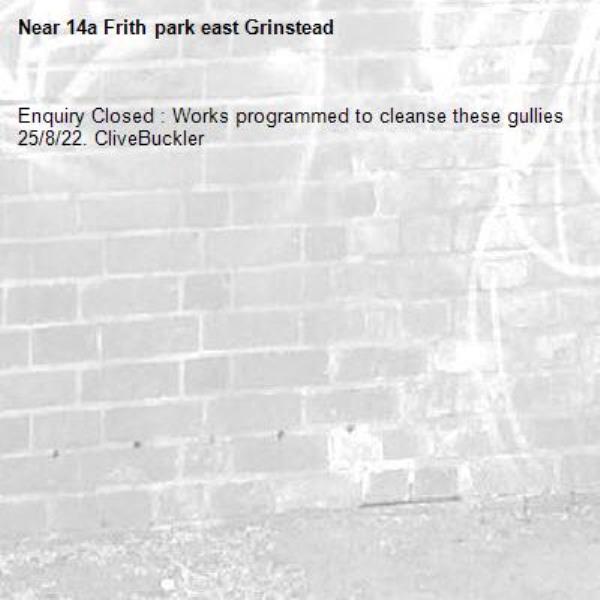 Enquiry Closed : Works programmed to cleanse these gullies 25/8/22. CliveBuckler-14a Frith park east Grinstead 