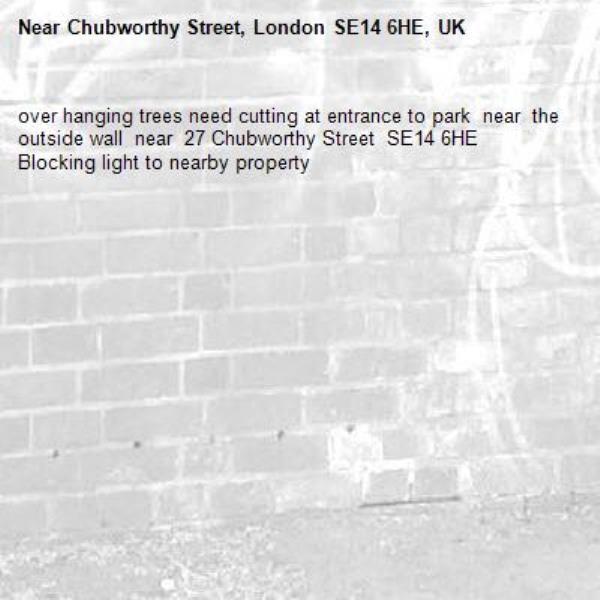 over hanging trees need cutting at entrance to park  near  the outside wall  near  27 Chubworthy Street  SE14 6HE
Blocking light to nearby property -Chubworthy Street, London SE14 6HE, UK