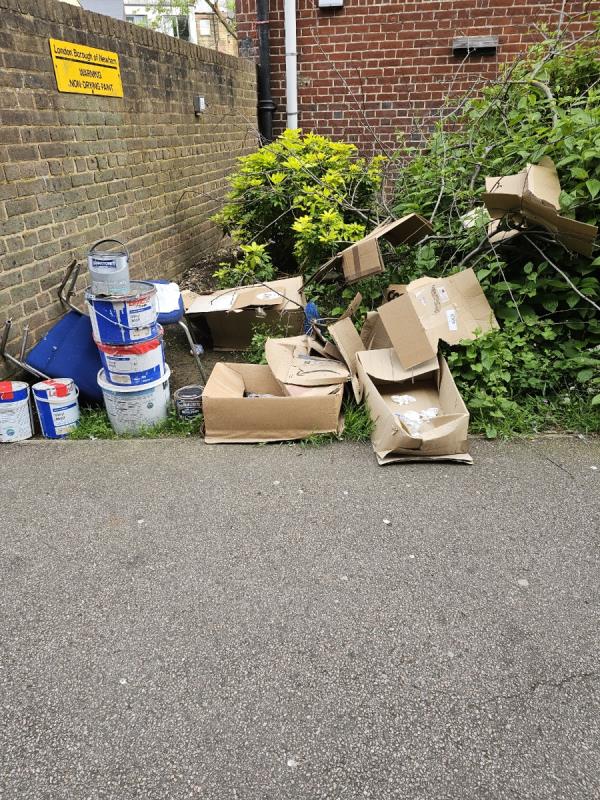 Litter discarded behind block 1-11 of Kerrison Road E15 2TH-1 Kerrison Road, Stratford, London, E15 2TH