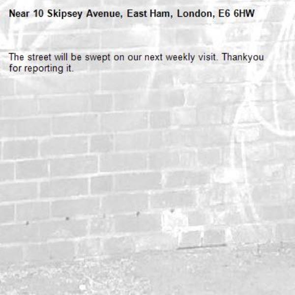 The street will be swept on our next weekly visit. Thankyou for reporting it.-10 Skipsey Avenue, East Ham, London, E6 6HW