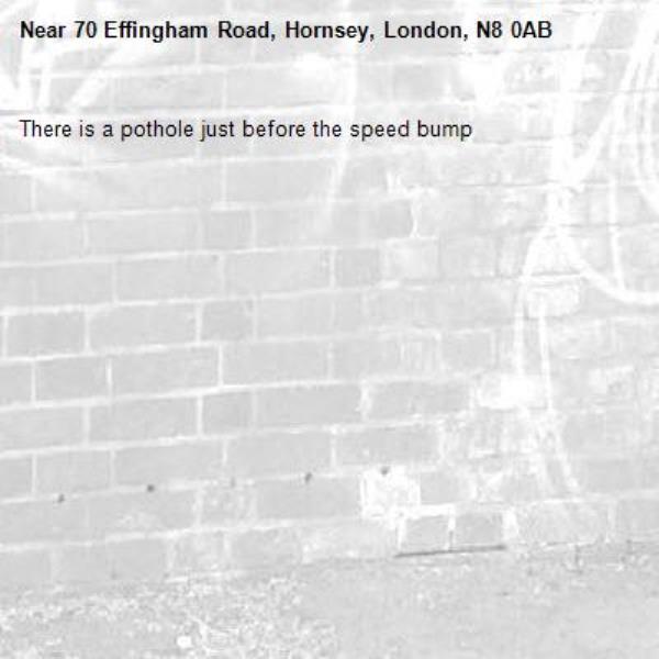 There is a pothole just before the speed bump-70 Effingham Road, Hornsey, London, N8 0AB